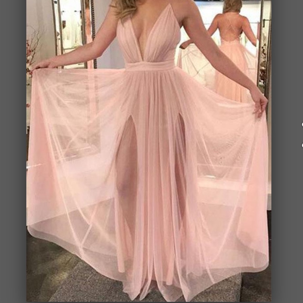 Baby Pink V Neck Flowy Tulle Gown
